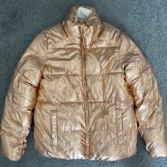 Old Navy Metallic Gold Puffer Jacket Coat warm fleece lining ski mobwife - Picture 2 of 4